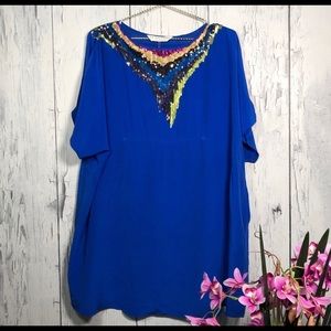 Trina Turk blue silk tunic with sequins, size 6